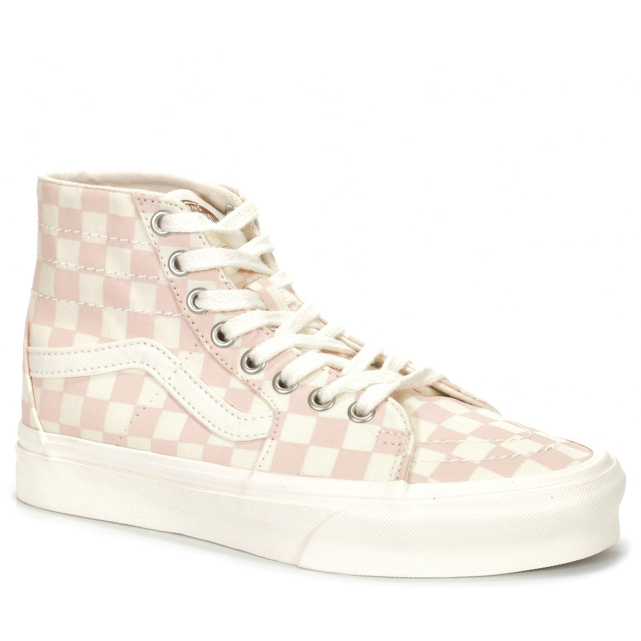 Pink and white 2025 checkered high top vans