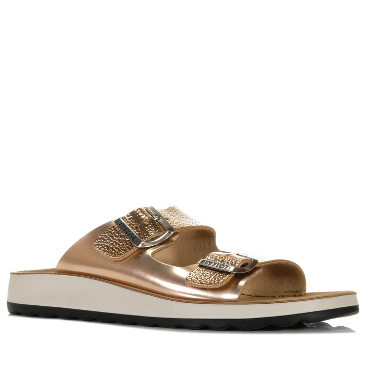 Fly Flot 77G64 ZC Dark Gold, Womens, flats, fly flot, metallic, sandals, wide, womens