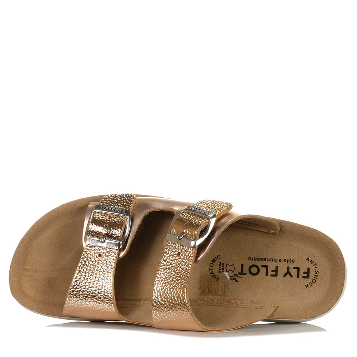 Fly Flot 77G64 ZC Dark Gold, Womens, flats, fly flot, metallic, sandals, wide, womens