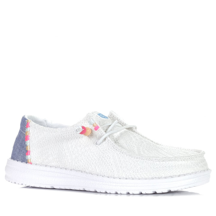 Hey Dude Womens Wendy Boho Crochet White, Womens, flat, hey dude, low-top, shoes, sneakers, white, wide, womens