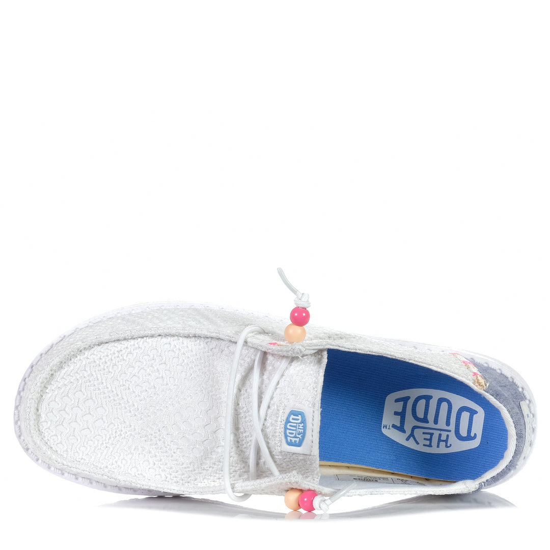 Hey Dude Womens Wendy Boho Crochet White, Womens, flat, hey dude, low-top, shoes, sneakers, white, wide, womens