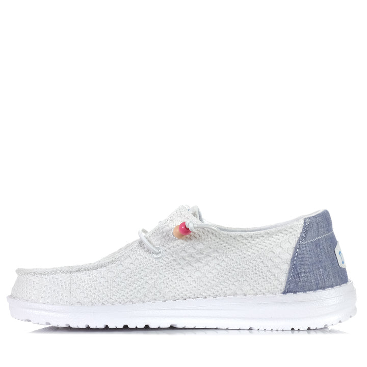 Hey Dude Womens Wendy Boho Crochet White, Womens, flat, hey dude, low-top, shoes, sneakers, white, wide, womens