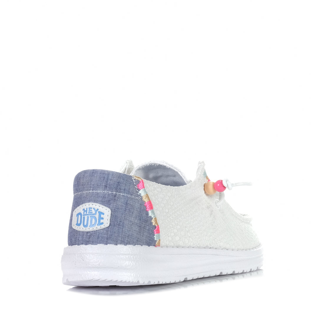 Hey Dude Womens Wendy Boho Crochet White, Womens, flat, hey dude, low-top, shoes, sneakers, white, wide, womens