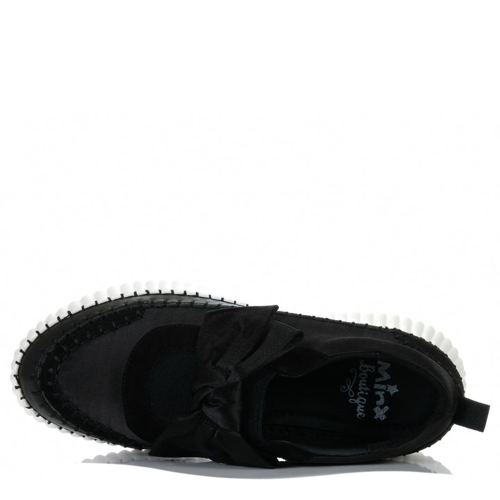 Minx Stitched Bow Black Satin/Leather, 37 EU, 38 EU, 39 EU, 40 EU, 41 EU, black, flats, low-tops, Minx, shoes, sneakers, womens