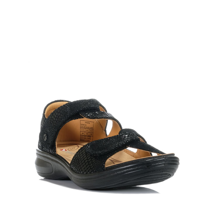 Revere Geneva Black Lizard, Womens, black, flats, Revere, sandals, wide, womens