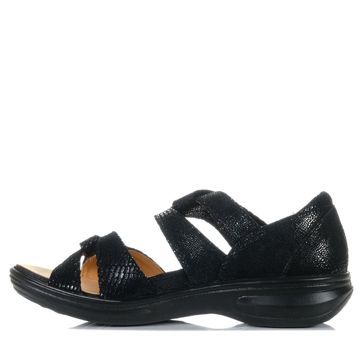 Revere Geneva Black Lizard, Womens, black, flats, Revere, sandals, wide, womens