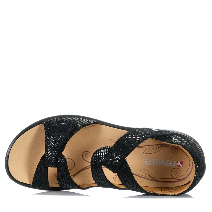 Revere Geneva Black Lizard, Womens, black, flats, Revere, sandals, wide, womens