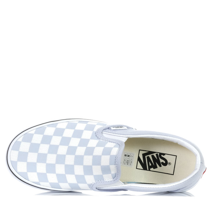 Vans Classic Slip-On Checkerboard Halogen Blue, 10.5 US, 6.5 US, 7.5 US, 8.5 US, 9.5 US, blue, flats, low-tops, multi, shoes, sneakers, Vans, white, womens