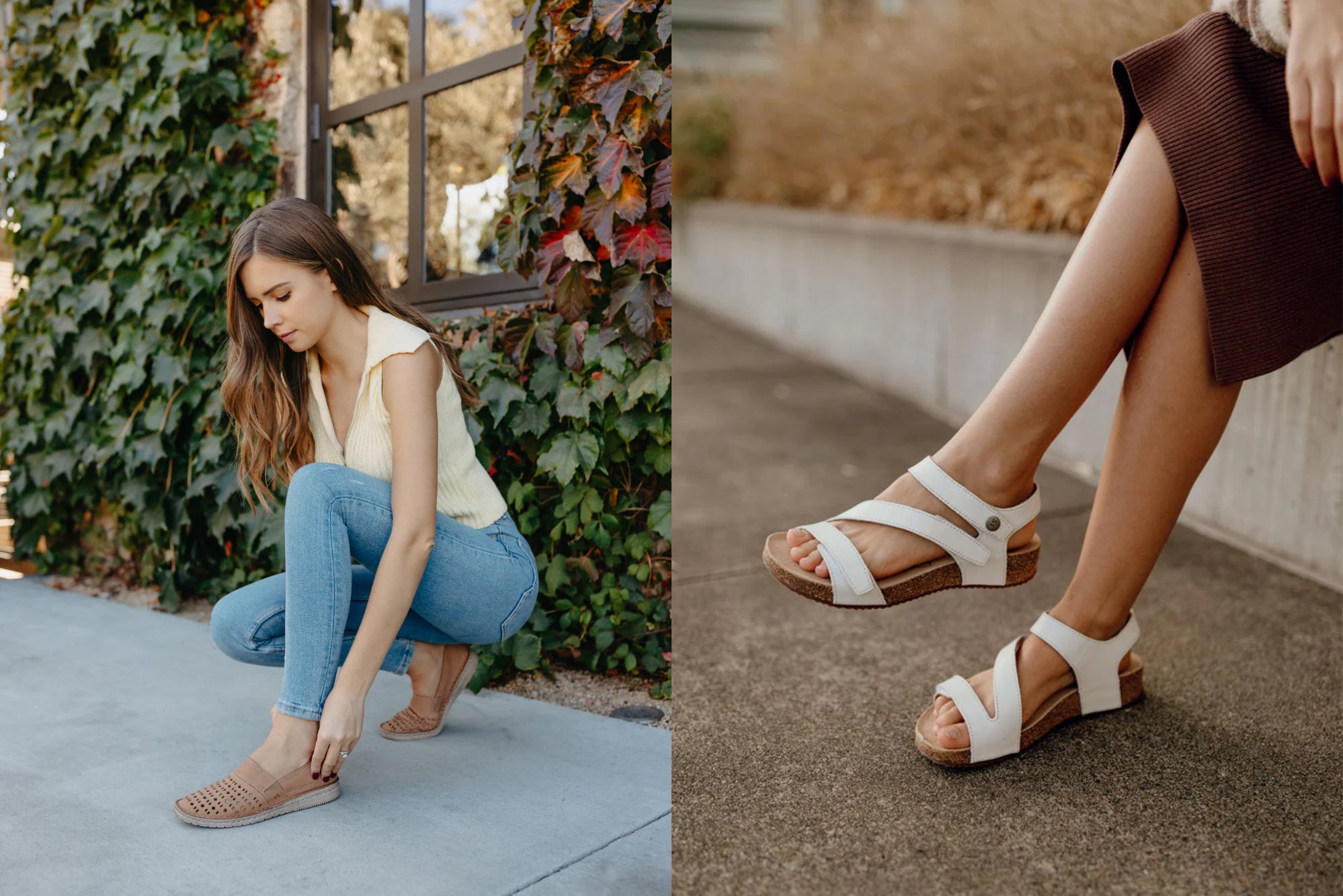 Woman wearing white sandals outdoors with a close-up of her feet on a sidewalk.